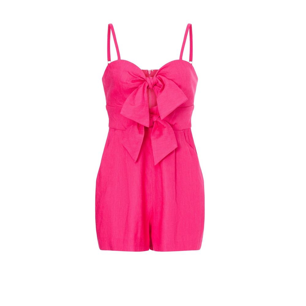 Milly Anya Pink Linen Double Bow Sleeveless Romper Size 6 - Picture 6 of 16